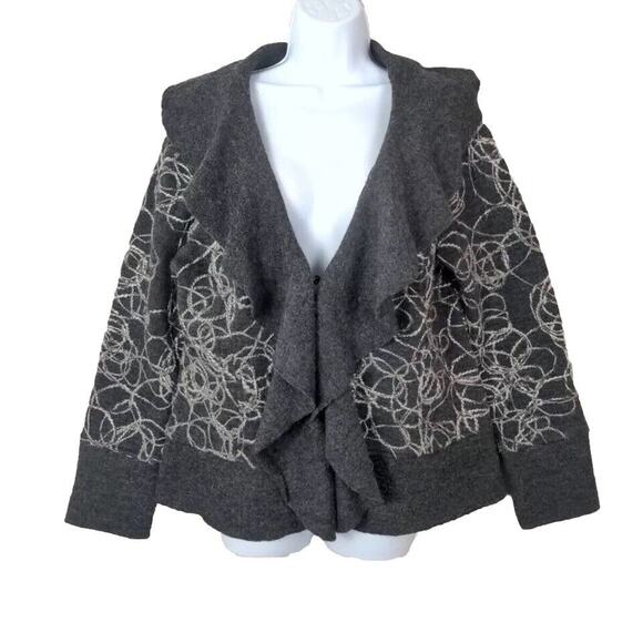WILLI SMITH Women Cardigan Sweater Gray Boiled Wool Embroidered Flounce Collar L - Picture 1 of 13